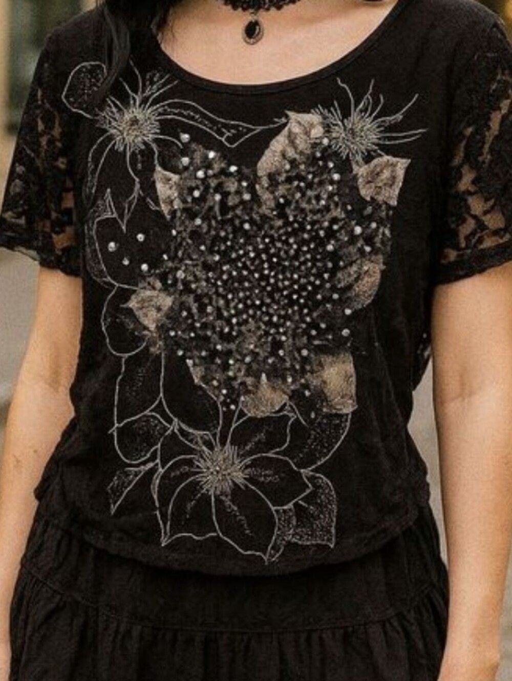 Vtg Y2K Wet Seal Black Floral Bling Sequined S/S Scoop Neck Dolman Babydoll Top